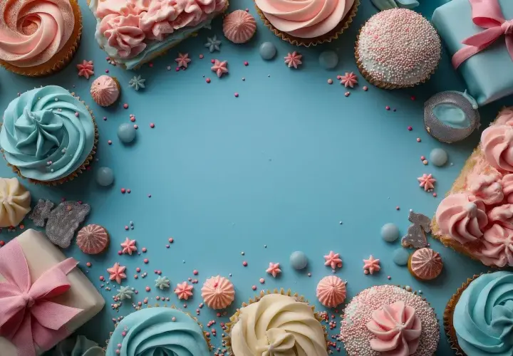 Słodki tort z posypką i babeczki w pastelowych kolorach, ozdobione cukrowymi gwiazdkami i kuleczkami.